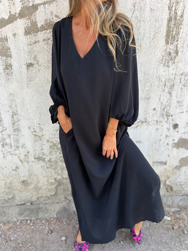 Casual loose V-neck solid color women's lantern sleeve dress