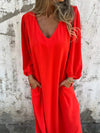 Casual loose V-neck solid color women's lantern sleeve dress