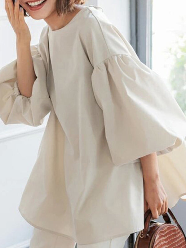 New loose large lantern sleeve round neck shirt top