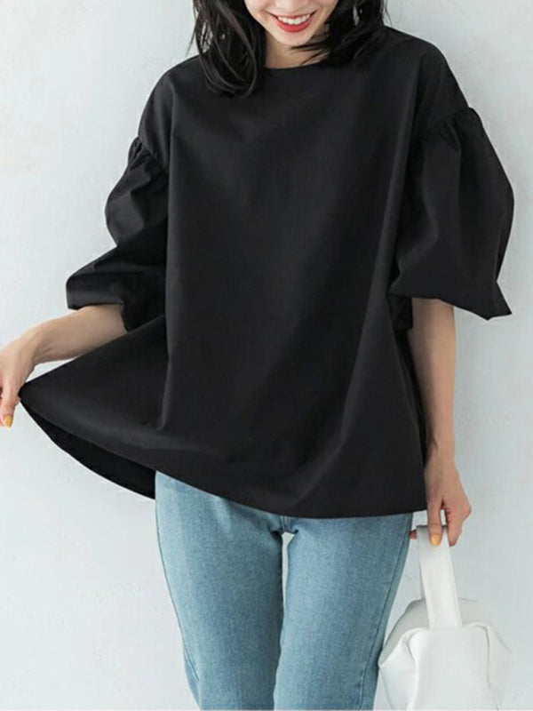 New loose large lantern sleeve round neck shirt top