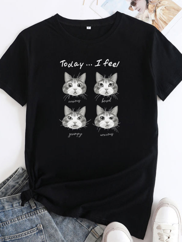 New cat print round neck short sleeve T-shirt