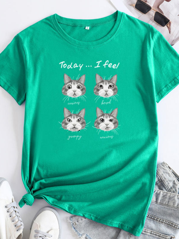 New cat print round neck short sleeve T-shirt