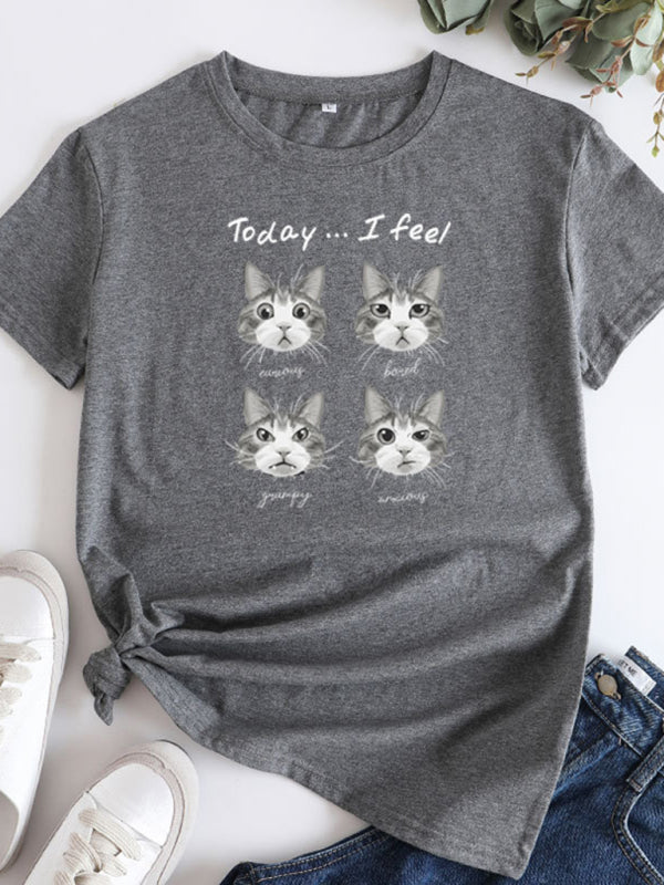 New cat print round neck short sleeve T-shirt