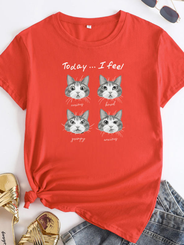 New cat print round neck short sleeve T-shirt