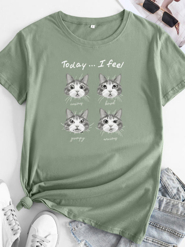 New cat print round neck short sleeve T-shirt