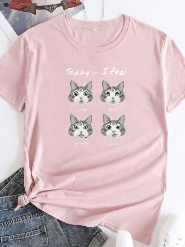 New cat print round neck short sleeve T-shirt