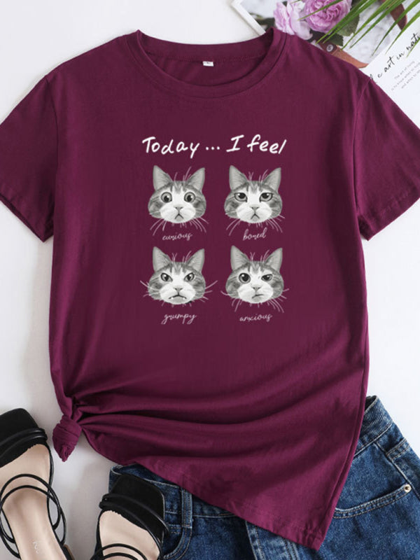 New cat print round neck short sleeve T-shirt