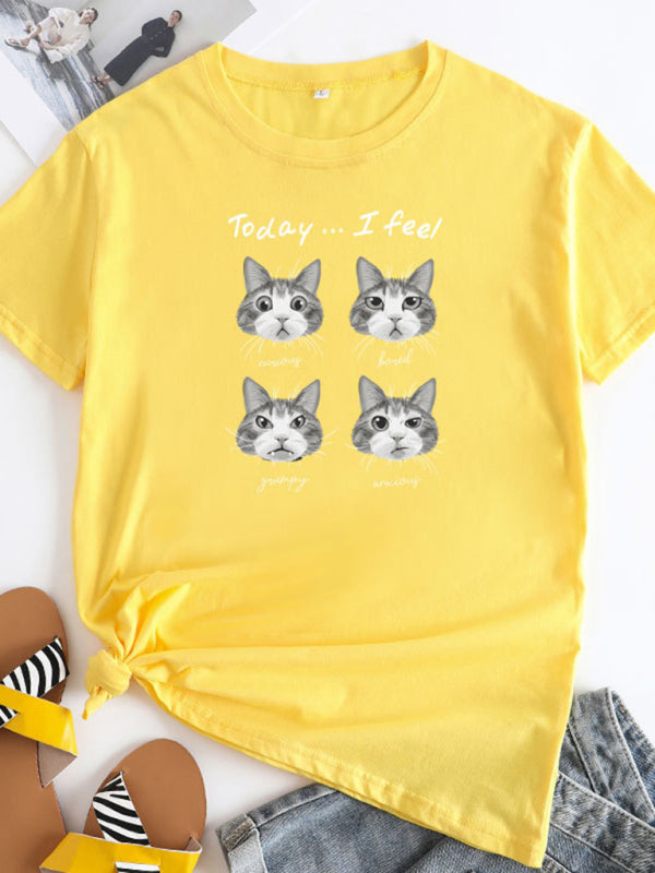 New cat print round neck short sleeve T-shirt