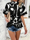 New stand collar casual loose printed short sleeve top