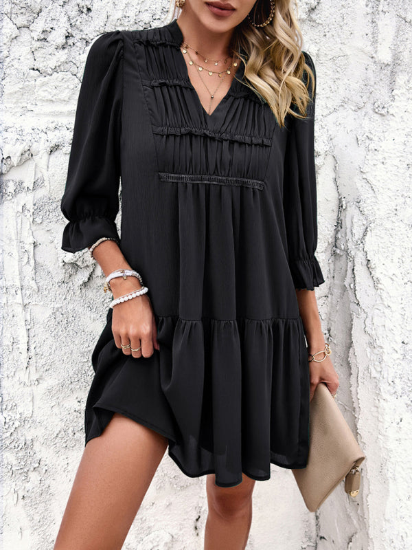 New solid color casual V-neck mid-sleeve dress