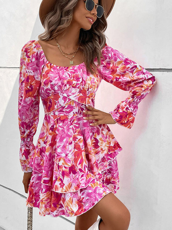 New square neck floral print ruffle short dress