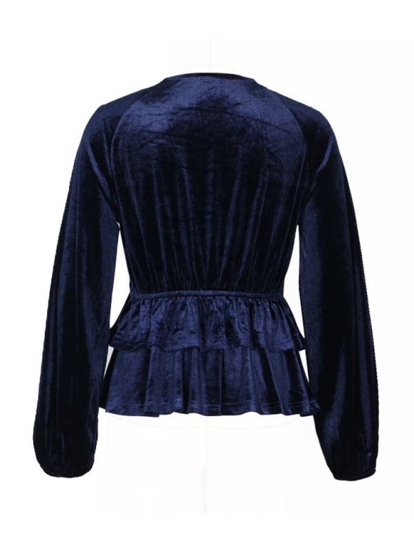 Women's solid color v-neck velvet long-sleeved top