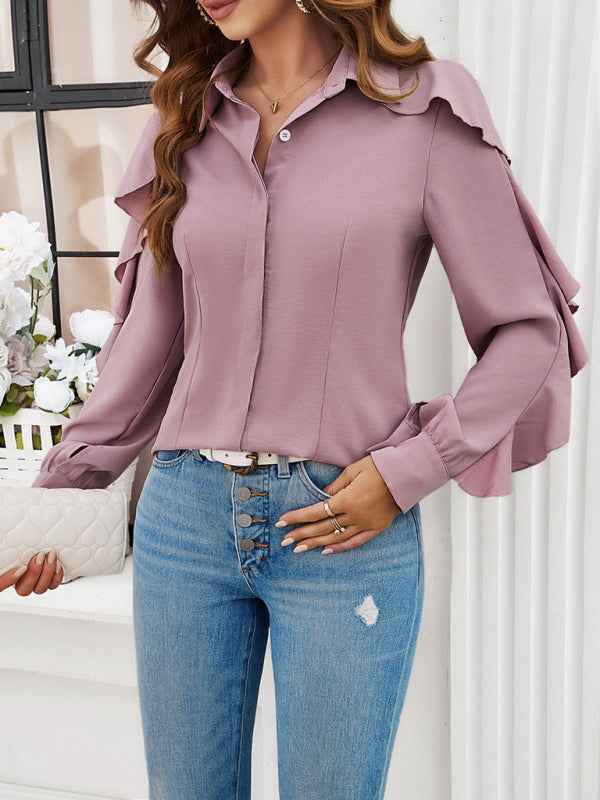 New casual solid color ruffle sleeve shirt