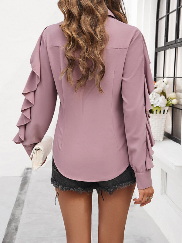 New casual solid color ruffle sleeve shirt