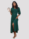 New women's V-neck mid-sleeve green dress with belt