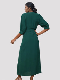 New women's V-neck mid-sleeve green dress with belt