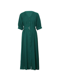 New women's V-neck mid-sleeve green dress with belt