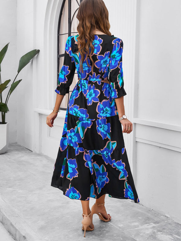 Spring and summer new holiday casual printed V-neck slit dress