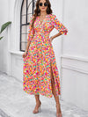 Spring and summer new holiday casual printed V-neck slit dress