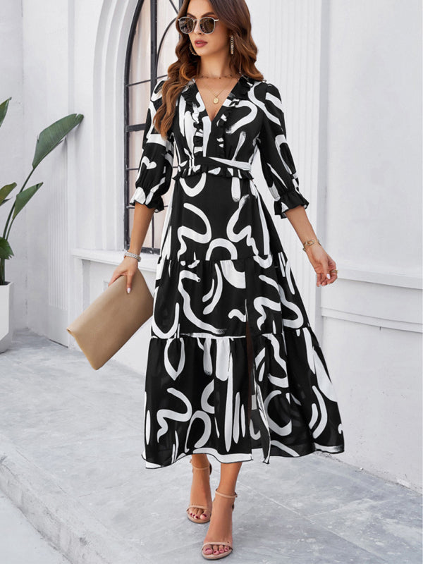 Spring and summer new holiday casual printed V-neck slit dress