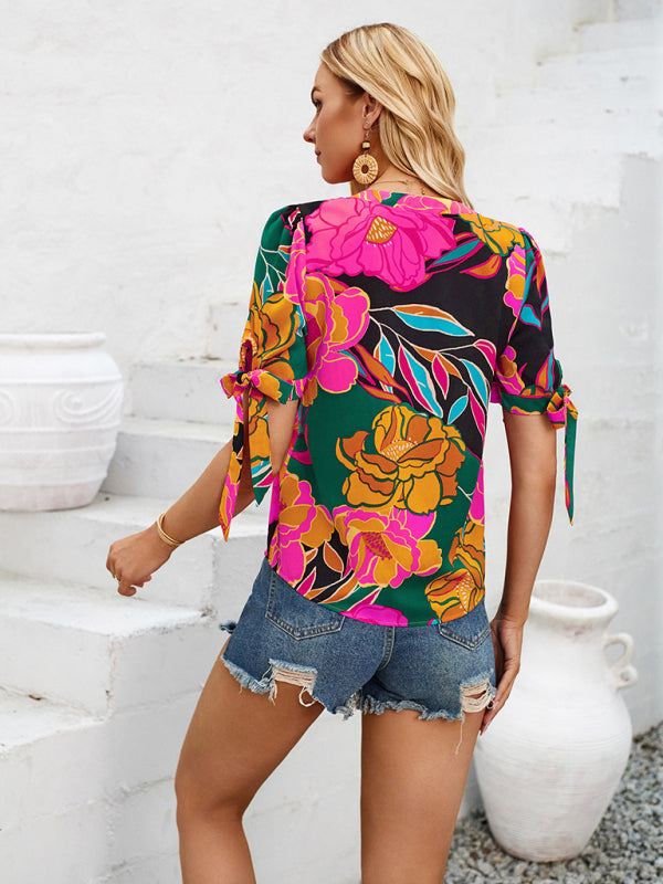 New fashionable printed casual V-neck knotted top