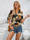 New fashionable printed casual V-neck knotted top