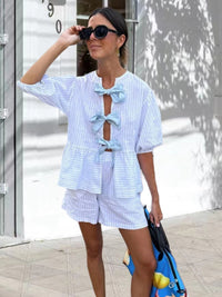 New bow striped short-sleeved shirt + shorts set