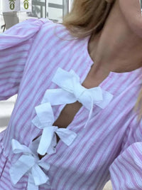 New bow striped short-sleeved shirt + shorts set