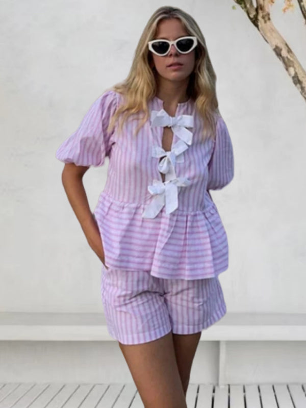 New bow striped short-sleeved shirt + shorts set