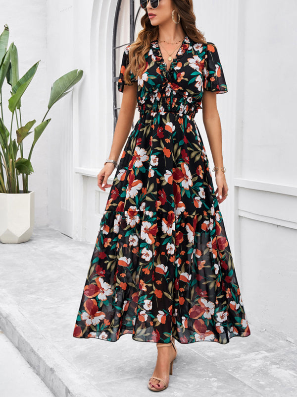 Spring and summer new temperament casual printed waist dress