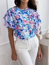 Summer printed ruffle sleeves, round neck, simple short-sleeved tops