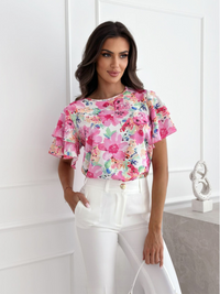 Summer printed ruffle sleeves, round neck, simple short-sleeved tops