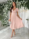 New Commuting Solid Color V-Neck Waist Puff Sleeve Swing Dress