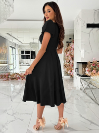 New Commuting Solid Color V-Neck Waist Puff Sleeve Swing Dress