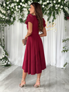 New Commuting Solid Color V-Neck Waist Puff Sleeve Swing Dress