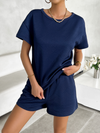 Summer solid color knitted crew neck top and shorts casual two-piece set