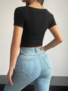 Spring and Summer Solid Color Square Neck Short Navel Revealing Fashion Shaping plain sexy t-shirts