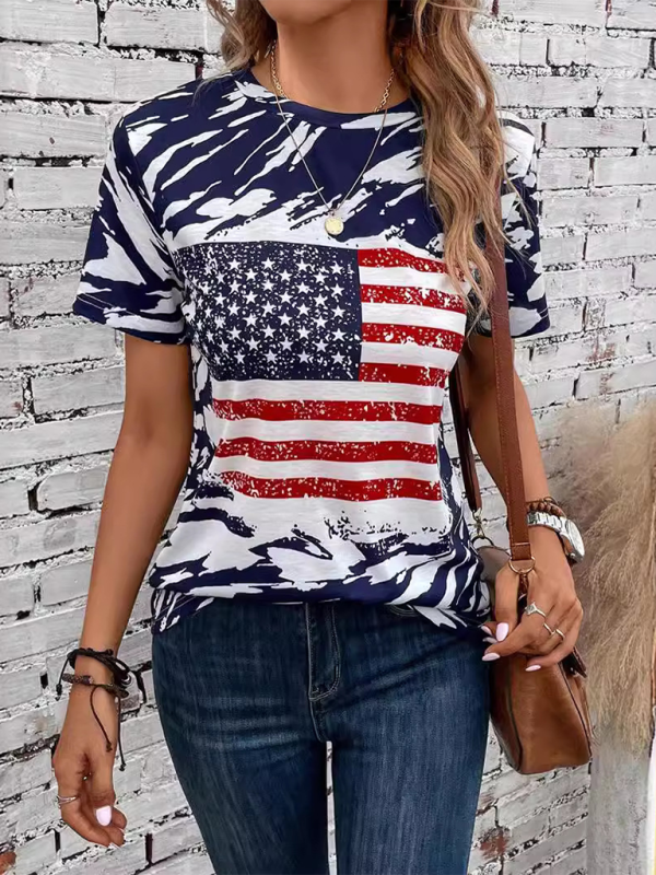 New American Independence Day Women's Flag Printed Round Neck Casual Short Sleeve T-Shirt