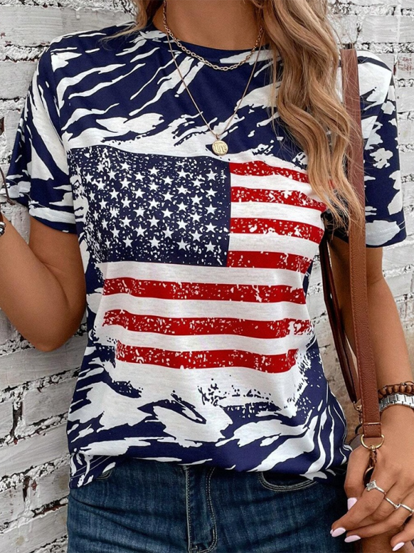 New American Independence Day Women's Flag Printed Round Neck Casual Short Sleeve T-Shirt