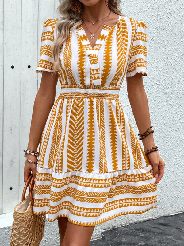 Women's V Neck Bohemian V Neck Short Sleeve Printed Dress