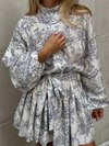 Ink printed puff sleeves, stand collar, lace-up retro a-line short dress