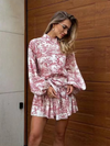 Ink printed puff sleeves, stand collar, lace-up retro a-line short dress