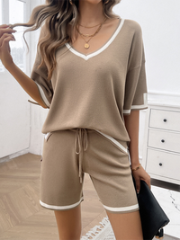 Women's casual loose v-neck sweater two-piece set