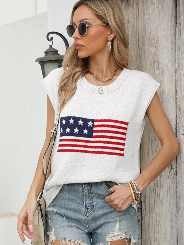 New Independence Day Round Neck Flag Knit Short Sleeve Sweater