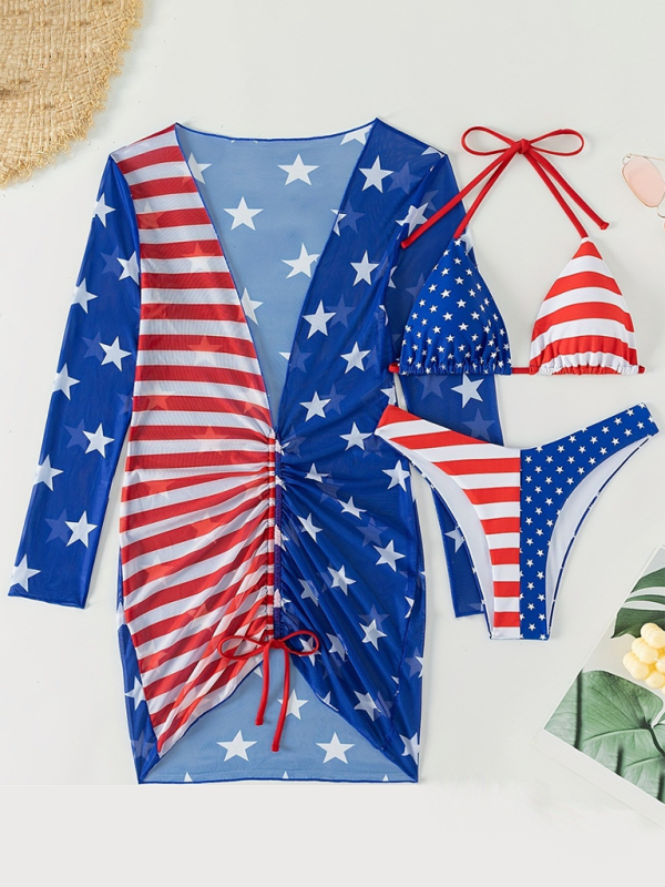 New Swimsuit Sleeveless Halter Loose Independence Day Flag Printed Yarn Three-piece Set