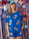 Women's Independence Day Top Sequin Pants Suit Short Sleeve Two-piece Suit