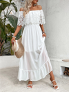 Off-the-shoulder guipure lace paneled ruffle hem dress