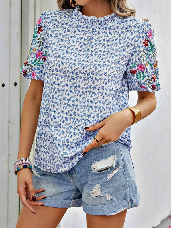 New Embroidered Printed Buckled Wave High Neck Short Colorblock Top