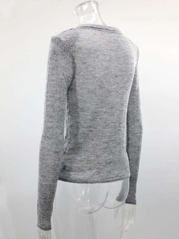 Hollow Knit Sweater Solid Color Casual Long Sleeve Top