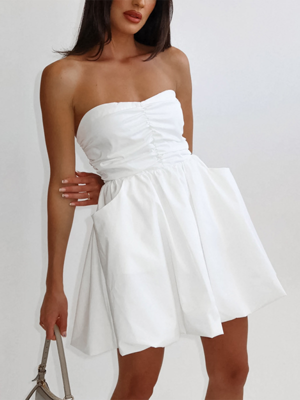 Sexy tube top dress for women with waist-hugging temperament white dress A-line puffy skirt